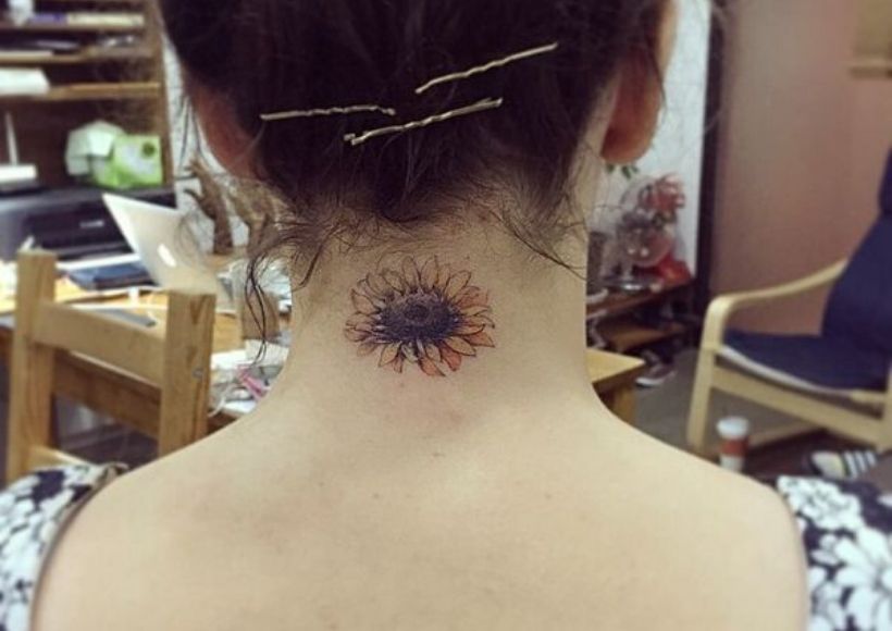 Sunflower Tattoo For Girls In The Neck