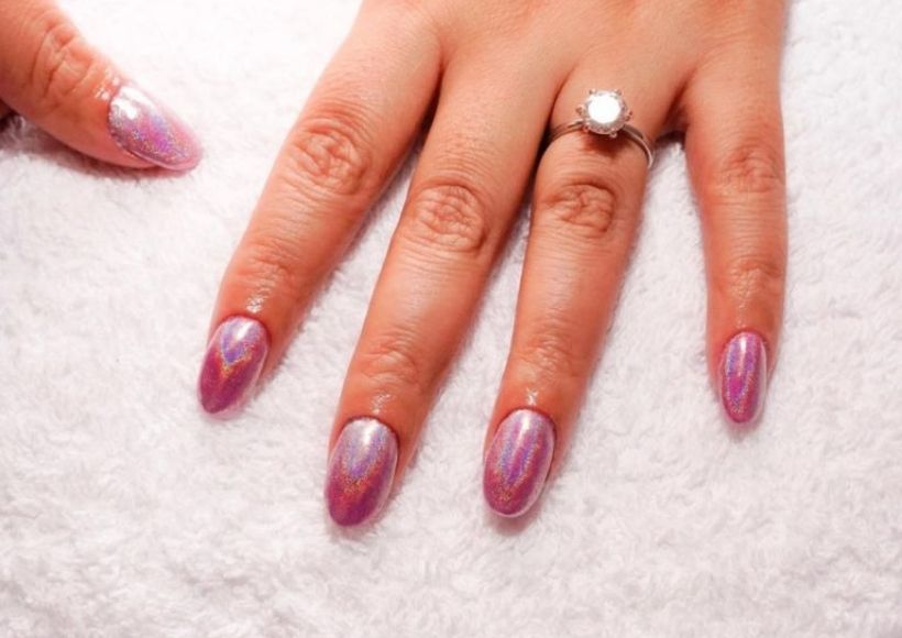 holographic nail design in pink